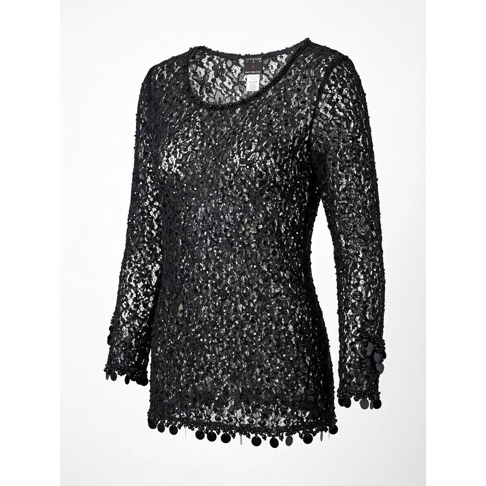 Whimsygoth mermaidcore Black Lace Sheer Beaded Sequin 3/4 Scoop Neck Top OS
